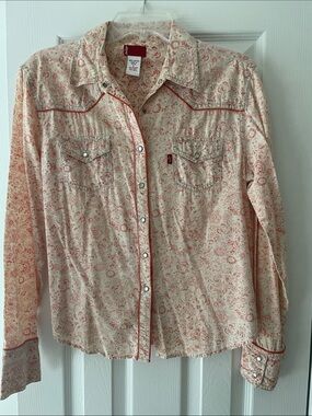 Vintage Levi's Cream Shirt with Orange Paisley Print and Snap Buttons